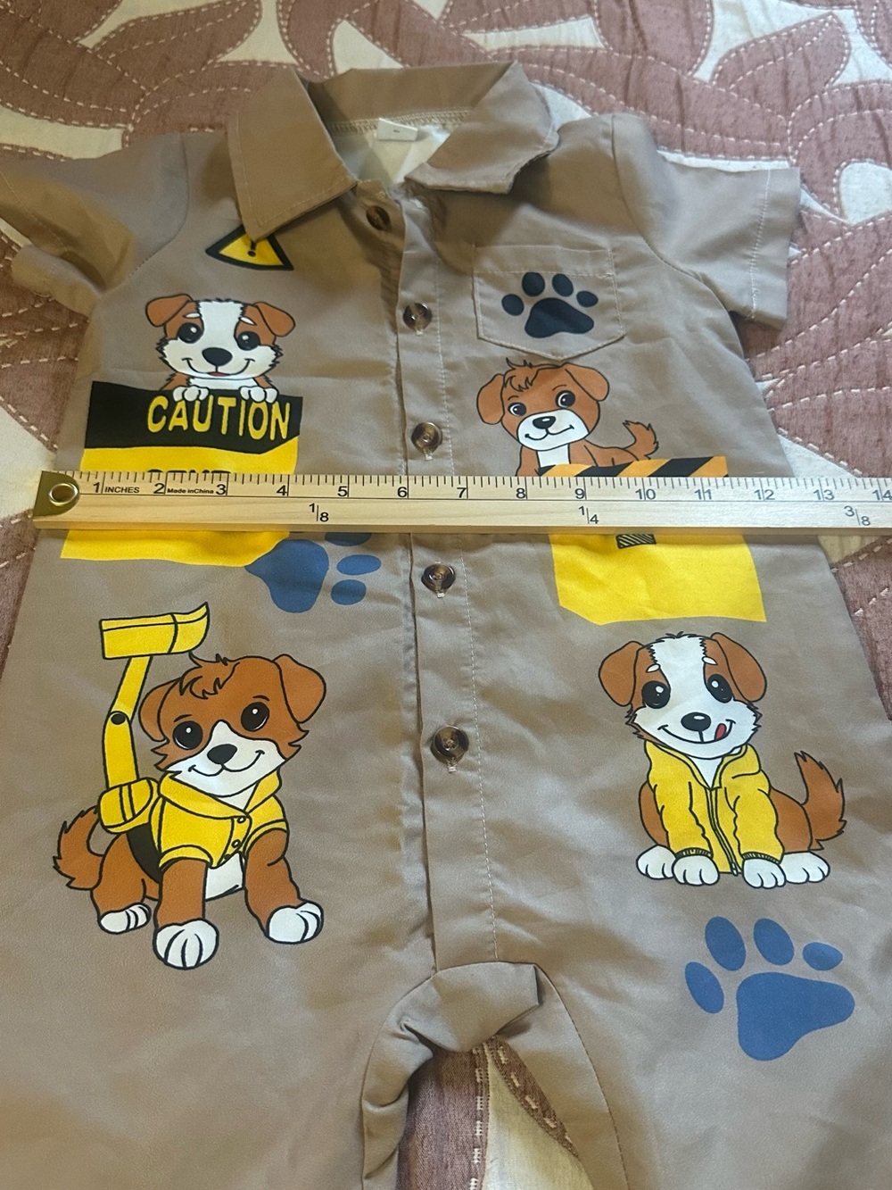 SHEIN Beige Puppy Construction Romper with Yellow Accents